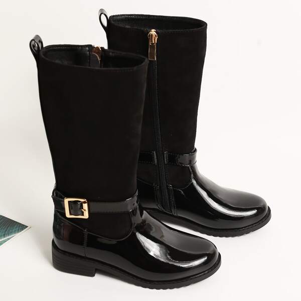 

Girls Buckle Decor Side Zipper Boots, Black