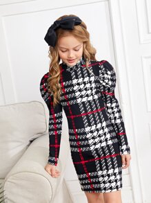 SHEIN Tween Girls Plaid Mock Neck Gigot Sleeve Dress