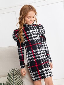 SHEIN Tween Girls Plaid Mock Neck Gigot Sleeve Dress
