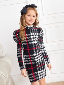 SHEIN Tween Girls Plaid Mock Neck Gigot Sleeve Dress