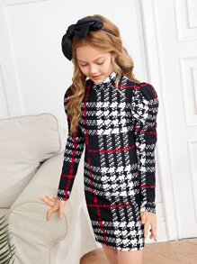 SHEIN Tween Girls Plaid Mock Neck Gigot Sleeve Dress