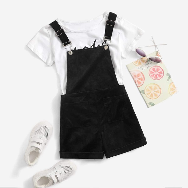 

Girls Dual Pocket Roll Hem Overalls Without Tee, Black