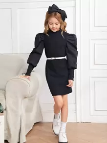 SHEIN 女孩泡泡袖不附腰帶緊身洋裝