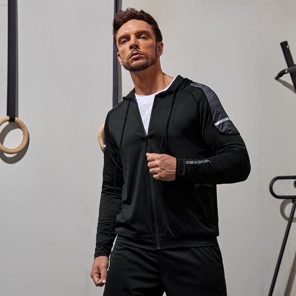 

Men Drawstring Hooded Letter Graphic Sports Jacket, Black