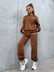 SHEIN Unity con estampado de letra de hombros caídos Capucha & Pantalones deportivos - Café integral - Ver 3