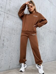 SHEIN Unity con estampado de letra de hombros caídos Capucha & Pantalones deportivos - Café integral - Ver 4