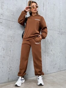 SHEIN Unity con estampado de letra de hombros caídos Capucha & Pantalones deportivos - Café integral - Ver 5