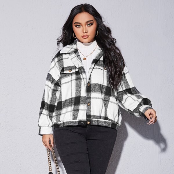 

Plus Drop Shoulder Plaid Overcoat, Black and white