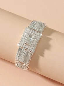 1pc Sparkling Square Shaped Full Rhinestone Spring Open Bangle, Perfect For Wedding/party Decoration - Silver - View 2