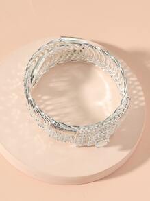 1pc Sparkling Square Shaped Full Rhinestone Spring Open Bangle, Perfect For Wedding/party Decoration - Silver - View 3