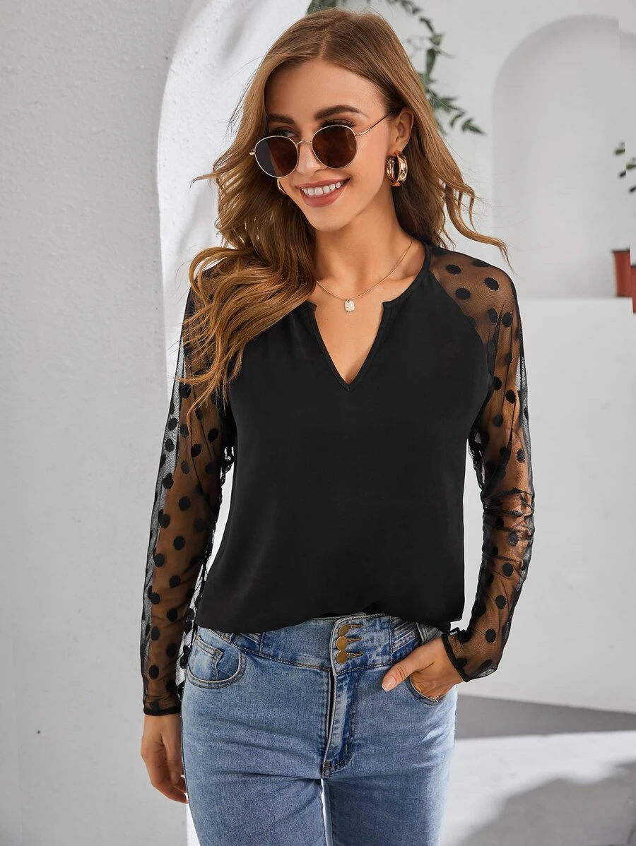 SHEIN Clasi Blusa con malla jacquard en contraste de manga raglán