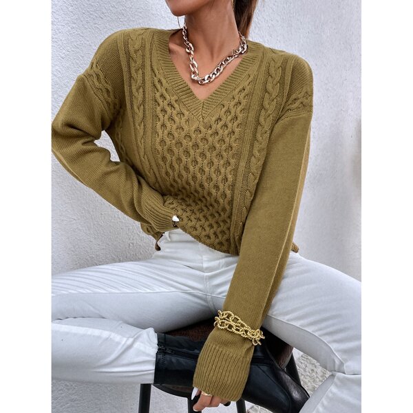 

Cable Knit V-neck Drop Shoulder Sweater, Mocha brown