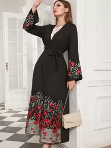 Al Najma Floral Embroidery Belted Abaya - Multicolor - View 1