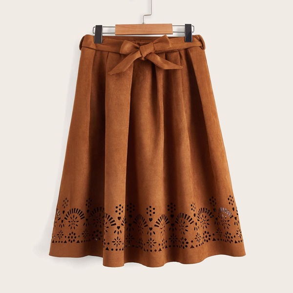 

Girls Laser Cut Out Belted Suede Skirt, Camel