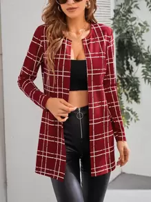 SHEIN Clasi Plaid Open Front Coat - Red - View 1
