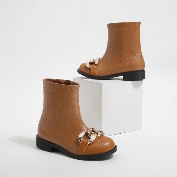 

Girls Chain Decor Side Zip Boots, Brown