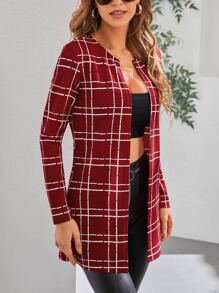 SHEIN Clasi Plaid Open Front Coat - Red - View 3