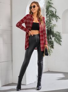 SHEIN Clasi Plaid Open Front Coat - Red - View 4