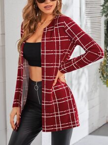 SHEIN Clasi Plaid Open Front Coat - Red - View 5