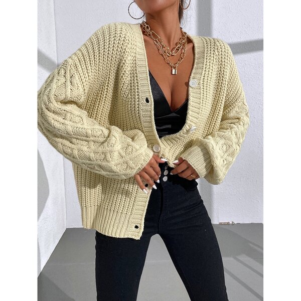 

Ribbed Knit Bishop Sleeve Button Front Cardigan, Khaki
