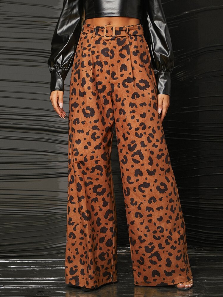 SHEIN Leopard Print Belted Corduroy Wide Leg Trousers - Multicolor - View 1