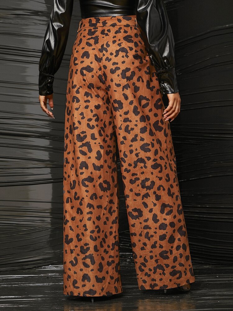 SHEIN Leopard Print Belted Corduroy Wide Leg Trousers - Multicolor - View 2