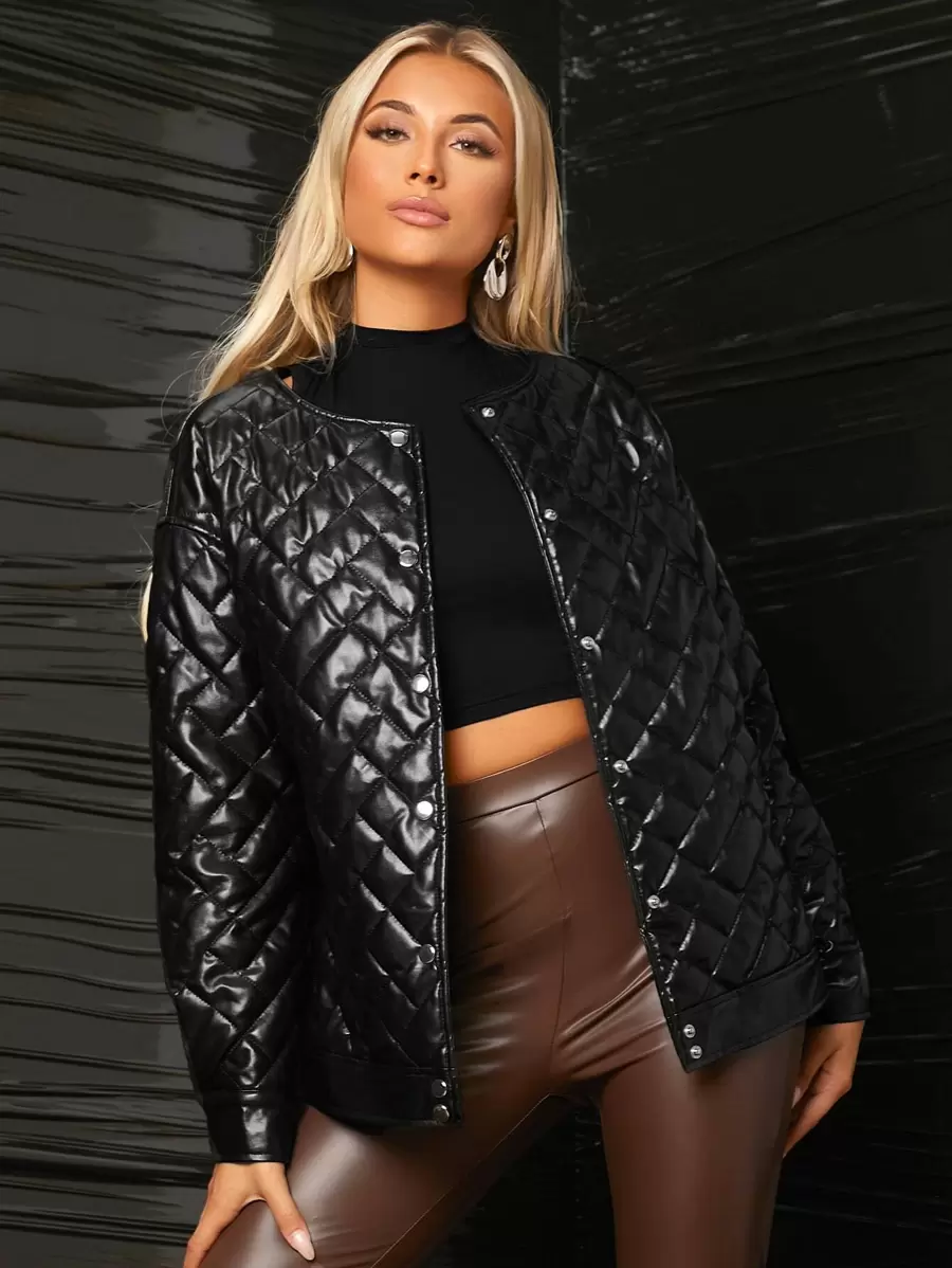 SHEIN BAE Button Through Quilted Padded Coat - Black - View 1