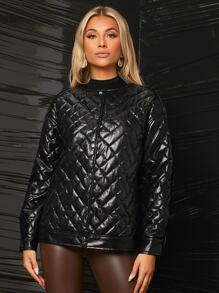 SHEIN BAE Button Through Quilted Padded Coat - Black - View 5