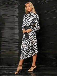 SHEIN Zebra Striped Mock Neck Belted Satin Dress - Black and White - View 4