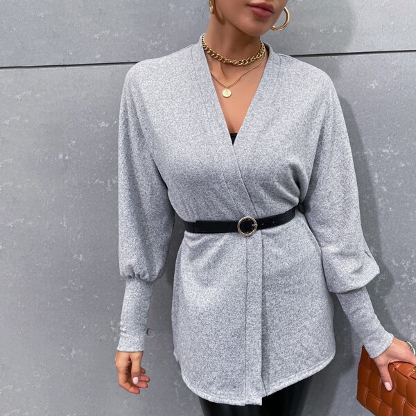 

Batwing Sleeve Open Front Coat Without Belt, Light grey
