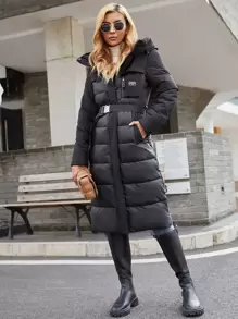 GASMAN Patch Pocket Belted Hooded Padded Coat,Ladies Winter Casual Belted,Patched,Pocket,Zipper Regular Sleeve Hooded Regular Fit Black Plain Women Coats,Winter Warmth/ Winter Fashion