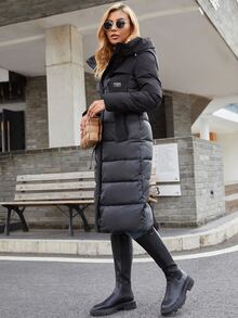 GASMAN Patch Pocket Belted Hooded Padded Coat,Ladies Winter Casual Belted,Patched,Pocket,Zipper Regular Sleeve Hooded Regular Fit Black Plain Women Coats,Winter Warmth/ Winter Fashion