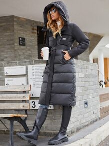 GASMAN Patch Pocket Belted Hooded Padded Coat,Ladies Winter Casual Belted,Patched,Pocket,Zipper Regular Sleeve Hooded Regular Fit Black Plain Women Coats,Winter Warmth/ Winter Fashion