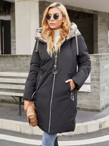 GASMAN Áo khoác nữ mùa đông Nút Dây kéo Đắp vá Túi Khối Màu Giải trí - màu đen - Xem 1