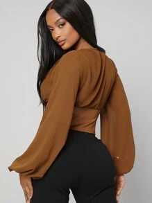 SHEIN Unity 氣球袖pu皮緊身背心 - 棕色 - 查看 2