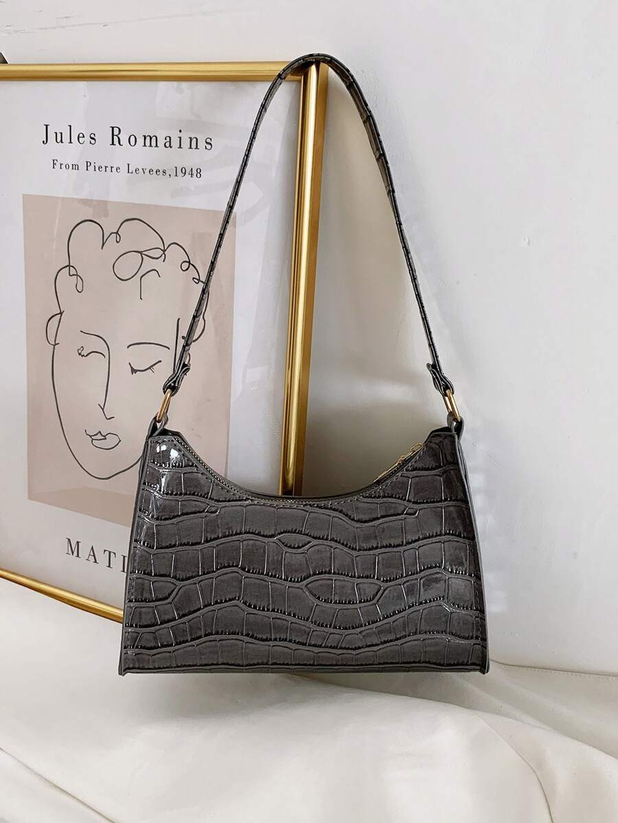 Crocodile Embossed Shoulder Bag - Dark Grey - View 1