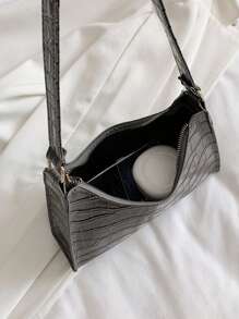 Crocodile Embossed Shoulder Bag - Dark Grey - View 3