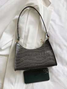 Crocodile Embossed Shoulder Bag - Dark Grey - View 5
