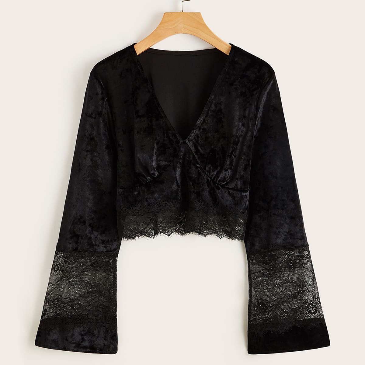 

Velvet Contrast Lace Crop Top, Black