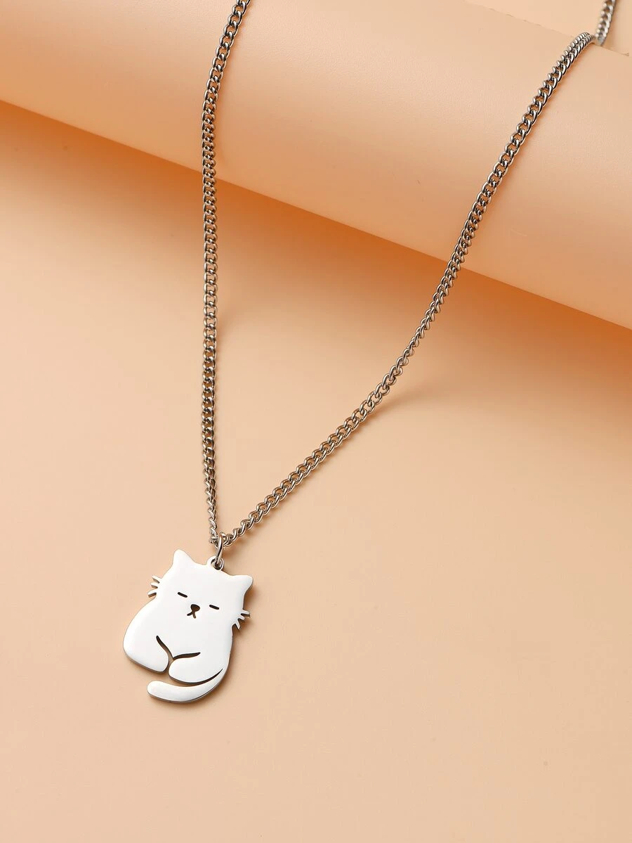 Cat Charm Necklace - Silver - View 1