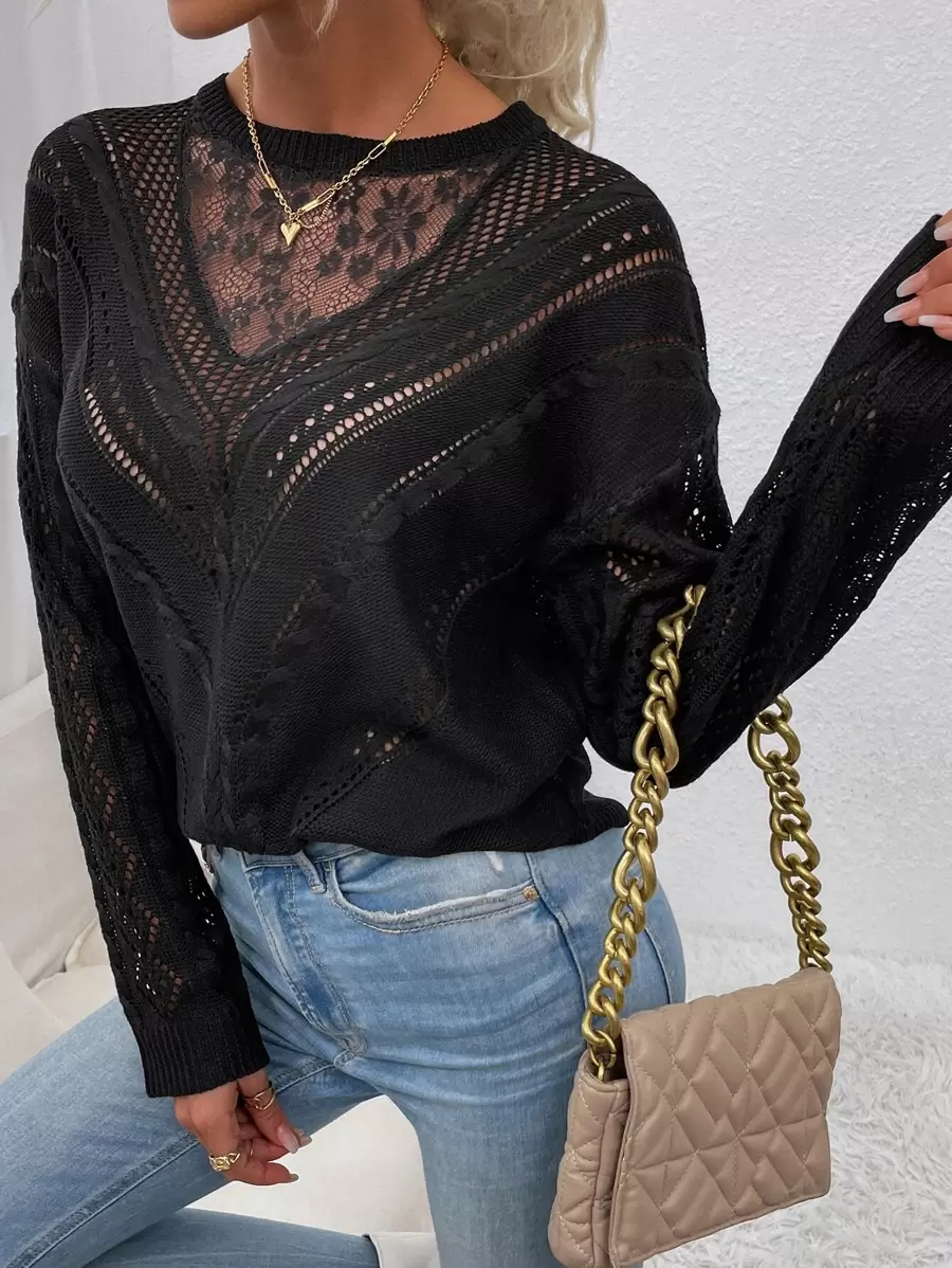 SHEIN LUNE Lace Panel Drop Shoulder Sweater,Long Sleeve Tops Knit Pullover Fall Winter Outfit - Black - View 1