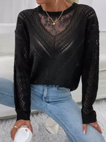 SHEIN LUNE Lace Panel Drop Shoulder Sweater,Long Sleeve Tops Knit Pullover Fall Winter Outfit - Black - View 3