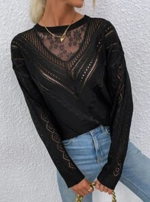 SHEIN LUNE Lace Panel Drop Shoulder Sweater,Long Sleeve Tops Knit Pullover Fall Winter Outfit - Black - View 5