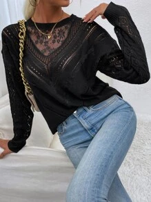 SHEIN LUNE Lace Panel Drop Shoulder Sweater,Long Sleeve Tops Knit Pullover Fall Winter Outfit - Black - View 6