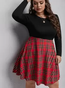 Plus Tartan Panel Dress - Multicolor - View 1