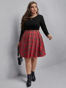Plus Tartan Panel Dress - Multicolor - View 3
