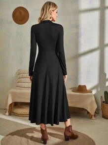 EMERY ROSE Solid Mock Neck A-line Dress - Black - View 2