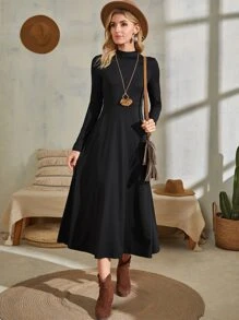 EMERY ROSE Solid Mock Neck A-line Dress - Black - View 3
