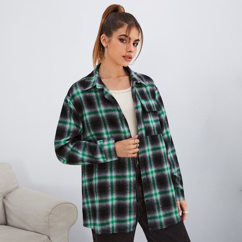 

Plaid Button Front Pocket Blouse, Multicolor