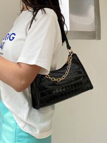 Chain Decor Crocodile Embossed Shoulder Bag - Black - View 2